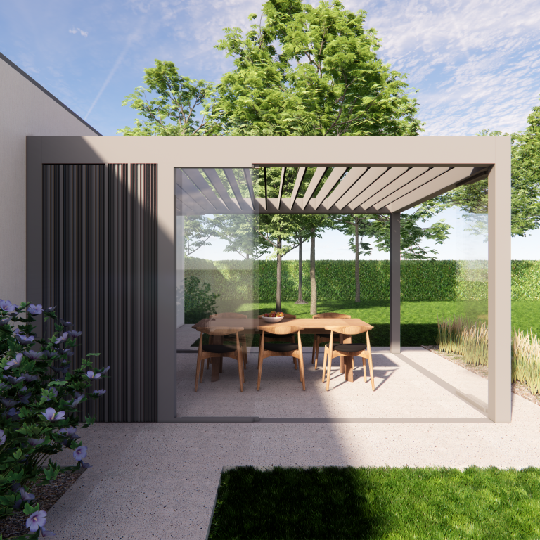 Renson Camargue geplaatst door Demaeght bv aan een woning te Oudenaarde. Een modern en strak design van Belgische kwaliteit. Camargue terrasoverkapping of pergola. Volledig naar wens van de klant. Architectuur, schuifglas verwarming genieten van tuin. Outdoor Living. Anzegem kluisbergen Deinze Kortrijk Tielt waregem